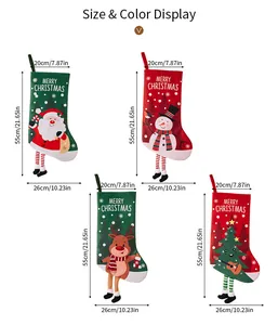Size chart showing 55cm tall Christmas stockings with Santa, Snowman and Reindeer motifs