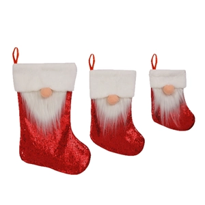 Three-piece set of red sequined Christmas stockings with gnome motifs and white fur trim