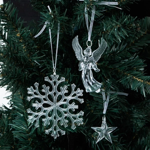 Transparent acrylic Christmas ornaments set with snowflake, angel, and star shapes