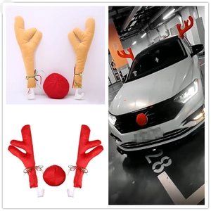 Ensemble de Décoration de Voiture en Bois de Renne de Noël Avec Bois et Nez Rouge pour Véhicule Ornement de Bois en Peluche