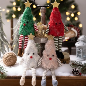 Poupées sapin de Noël en peluche avec longues jambes rayées et étoiles dorées déco