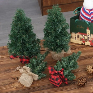 Mini Artificial Christmas Tree Set Tabletop Pine Tree With Burlap Buffalo Plaid Base For Xmas Holiday Home Desktop Decor