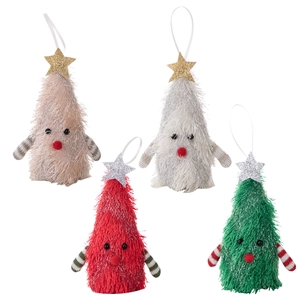Lot de quatre suspensions de sapin de Noël en peluche lumineuse en rouge, vert et blanc