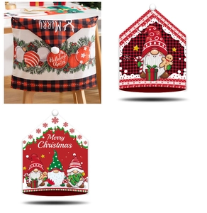 Detail of festive Christmas chair covers featuring gnomes and red plaid patterns