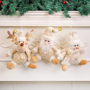 Three Christmas plush ornaments with Santa, Reindeer and Snowman in champagne gold tones