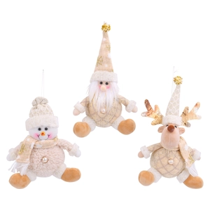 Elegant beige Christmas plush ornaments set featuring Santa, snowman, and reindeer figures