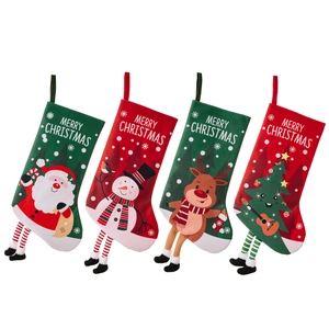 Large Christmas Stocking With Hanging Legs Striped Boots Santa Snowman Reindeer Christmas Tree Pattern Polyester Printed Decor