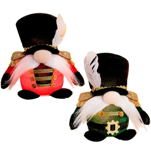 Standing Christmas gnomes in nutcracker soldier design with red and green plush outfits