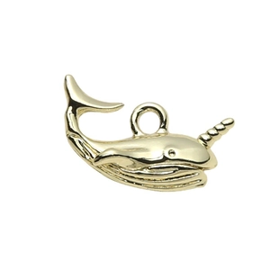 Gold plated narwhal pendant with textured belly and spiral horn for DIY jewelry making