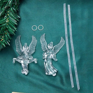 Set of clear acrylic angel ornaments with wings and ribbons for Christmas tree decor