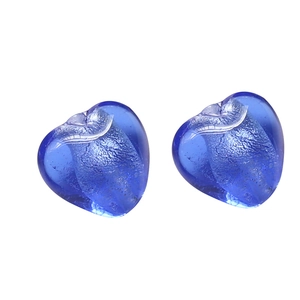 Pair of blue heart glass beads with silver foil interior for DIY handmade jewelry crafts