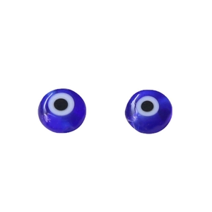 Pair of flat round blue Evil Eye glass beads for DIY jewelry and handmade crafts