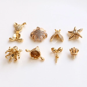 Gold plated DIY jewelry findings with zircon inlays featuring octopus and sprout designs