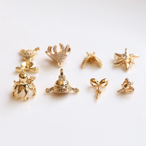 Gold-plated brass DIY pendant charms with zircon octopus and starfish designs
