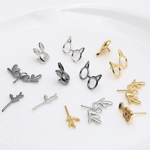 S925 silver stud earrings set featuring rabbit, guitar and antlers in gold and silver