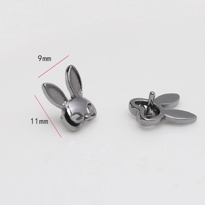 Detail of 9x11mm dark grey metal rabbit earrings showing front design and back pin studs