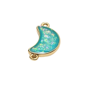 Golden moon-shaped jewelry connector with sparkling turquoise glitter and dual loops