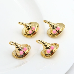 Set of four gold wizard hat charms with pink bows for DIY jewelry making accessories