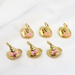 Set of 6 gold plated witch hat charms with pink enamel bow for DIY jewelry making
