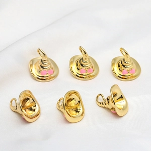 6pcs gold-plated witch hat pendants with pink bows for DIY Baroque jewelry design
