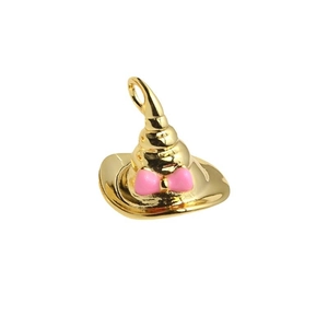 Gold-plated witch hat pendant with pink bow and hanging loop for DIY jewelry making