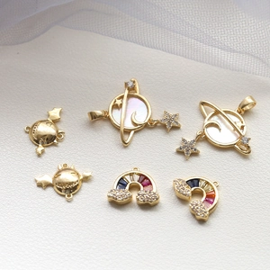 Saturn and rainbow cloud charms in gold plating with shells and cubic zirconia