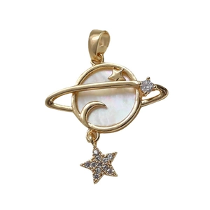 Golden Saturn planet pendant with white shell and hanging star for jewelry making