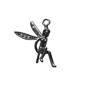 Pendentif fée élégant gris bronze avec ailes en strass et finition polie