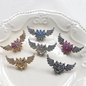 Set of winged heart shield pendants with colorful zircons and baroque pearl pins
