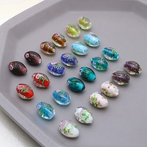 Handmade oval glass beads with pink rose pattern and gold foil for DIY jewelry making