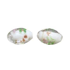 Handmade oval glass beads with floral patterns and gold foil for DIY jewelry making