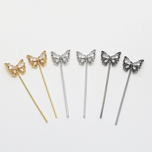 Set of six butterfly hairpins with zircon stones in gold, silver, and gunmetal finishes
