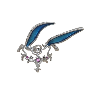 Silver fantasy rabbit head crown pendant with blue enamel ears and pink gemstones