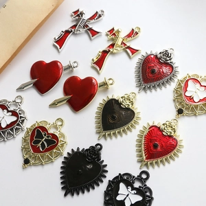 Gothic alloy heart sword and skull cross charms for DIY jewelry making in red and black