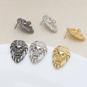Pendientes de cabeza de león en oro, plata y gris con micro-pavé de circonitas