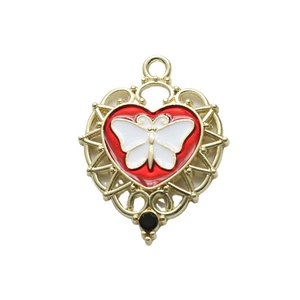 Vintage heart pendant with white butterfly and red enamel in gold filigree frame