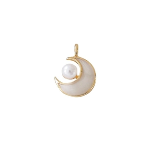 Minimalist moon pendant with pearl and shell inlay in a gold metal frame for DIY jewelry