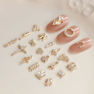 Luxury zircon nail charms in gold-plated copper with geometric shapes for DIY nail art