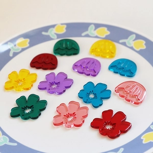 Detailed view of colorful tulip acrylic pendants on a decorative floral ceramic plate