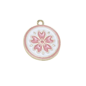 Pink cherry blossom enamel pendant in golden alloy frame with top hanging ring for DIY