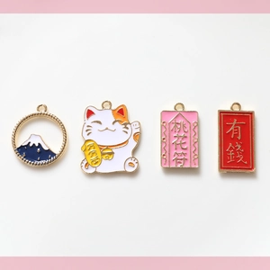 Legering Verzilverde Gelukskat Mount Fuji Emaille Bedeltjes Hangers Voor DIY Sleutelhanger Tas Sieraden Maken Accessoires