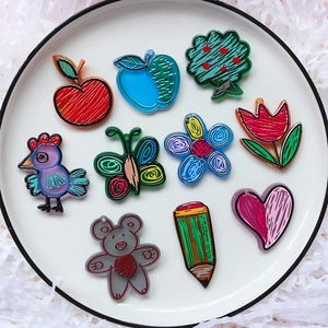 Hand Painted Style Acrylic Pendants For DIY Keychain Jewelry Making Apple Bear Bird Pencil Heart Shape Doodle Charms