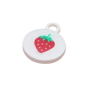 Round white enamel strawberry pendant with top ring for DIY jewelry making and crafts