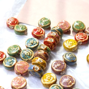 Flat round ceramic rose beads in assorted vintage colors for DIY jewelry making