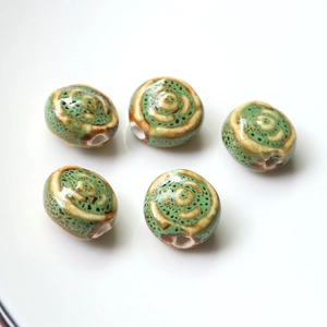 Flat round ceramic beads with vintage green vortex pattern for DIY jewelry making