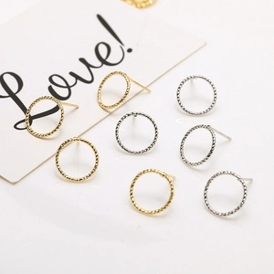 Polished 18k gold plated hollow circular stud earrings with twisted rope texture and S925 stamp