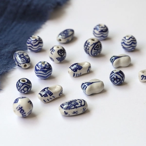 Blue and white porcelain ceramic beads in various shapes for handmade DIY jewelry crafting