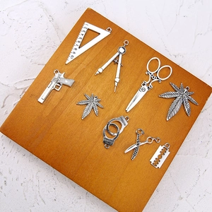 Vintage silver metal charms set including scissors leaf and ruler for DIY jewelry