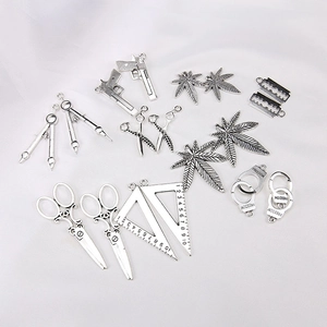 Vintage silver DIY jewelry charms set including scissors, ruler and leaf pendants