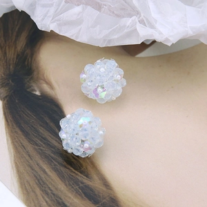 Close-up of cluster bead earrings with AB crystal spheres and iridescent floral sequins